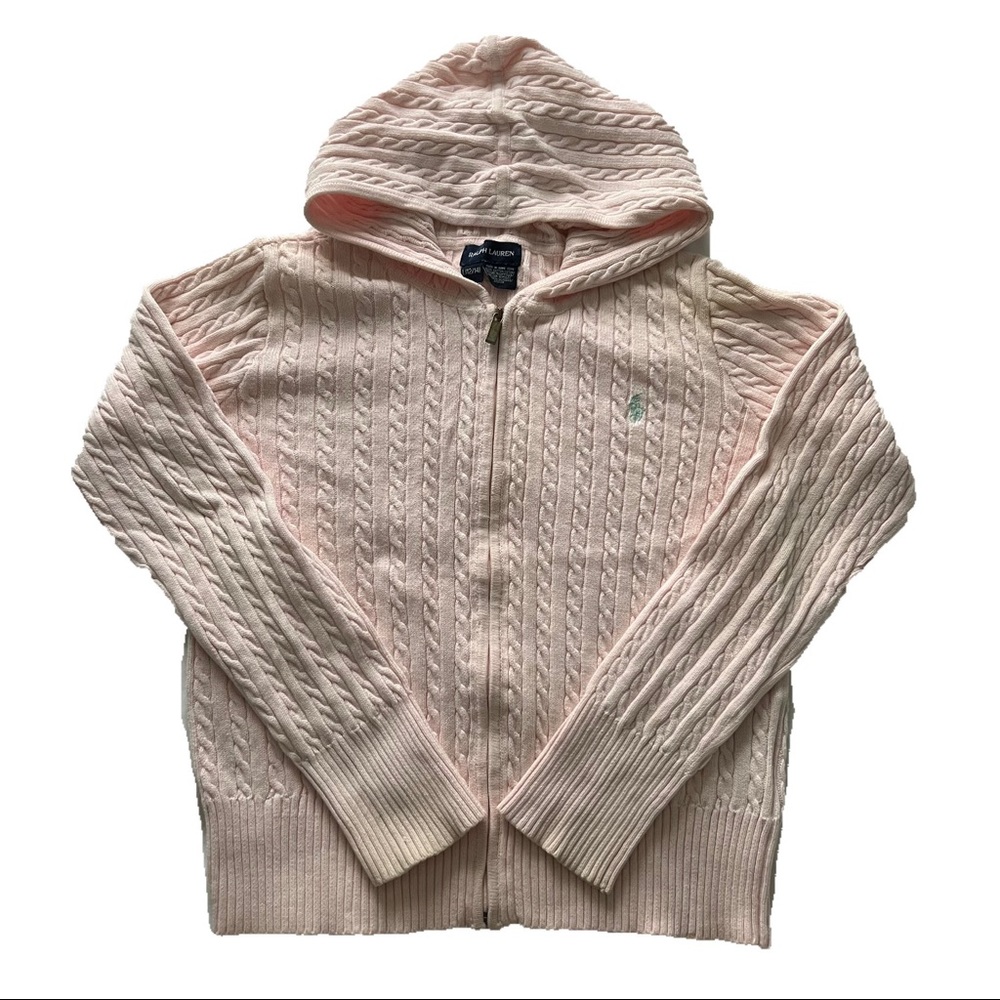 Ralph Lauren Children’s Light Pink Hooded Cable Knit Zip-Up Sweater